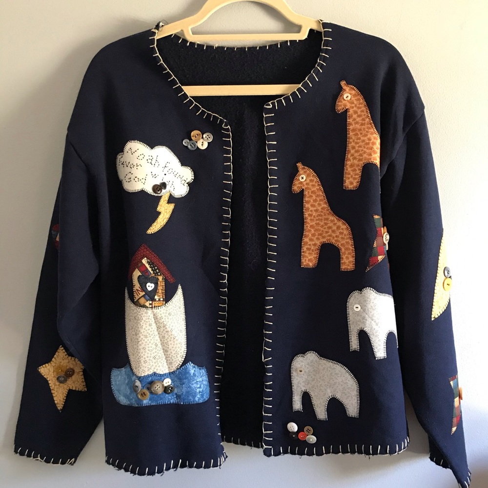 Navy Noah’s Arc Themed Cardigan w/Animal Patches